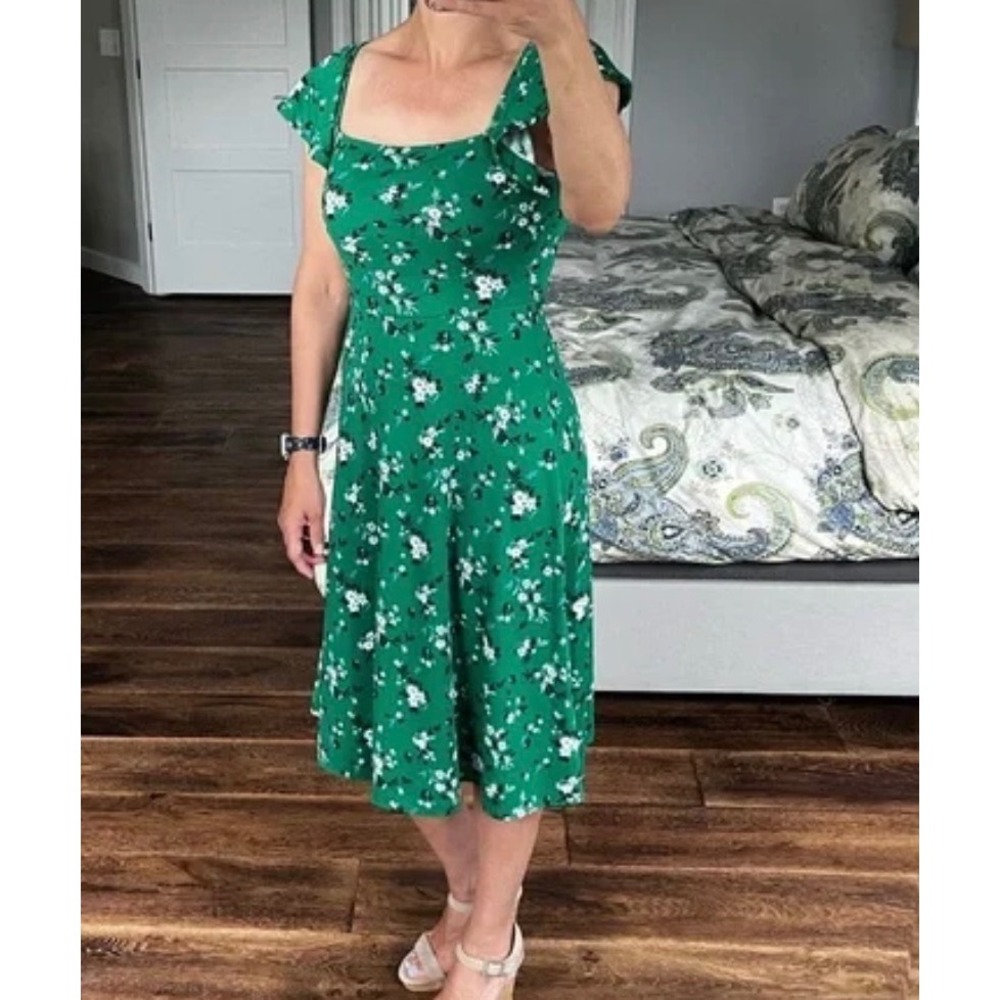 Banana Republic Green Floral Square Neck Flutter Sleeve Midi Dress Size M - Picture 2 of 9
